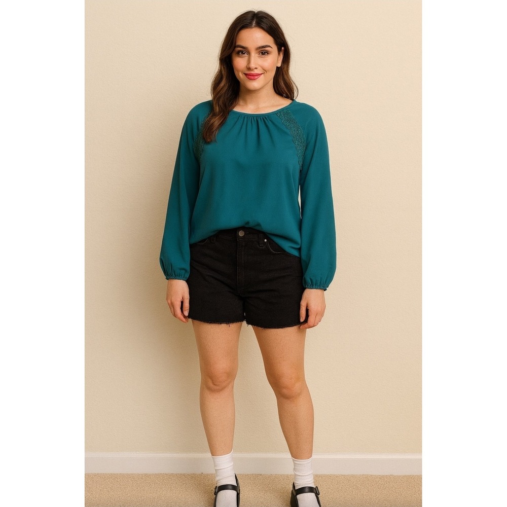 VTG Y2K Forest Green Blouse Lace Details Soft Balloon Sleeves Sz M Dark Romantic